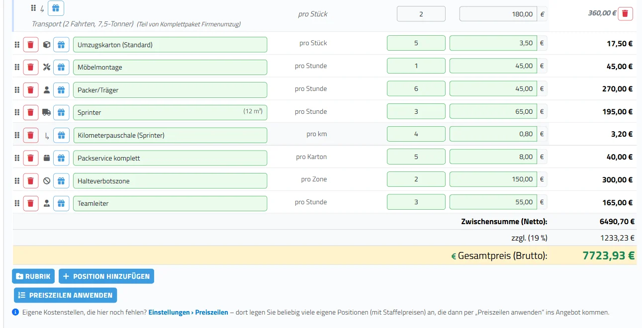 Cockpit-Angebotskalkulation: Positionen wie Umzugskarton, M&ouml;belmontage, Packer, Sprinter, Kilometerpauschale, Zwischensumme netto 6.490,70 Euro, Gesamtpreis brutto 7.723,93 Euro