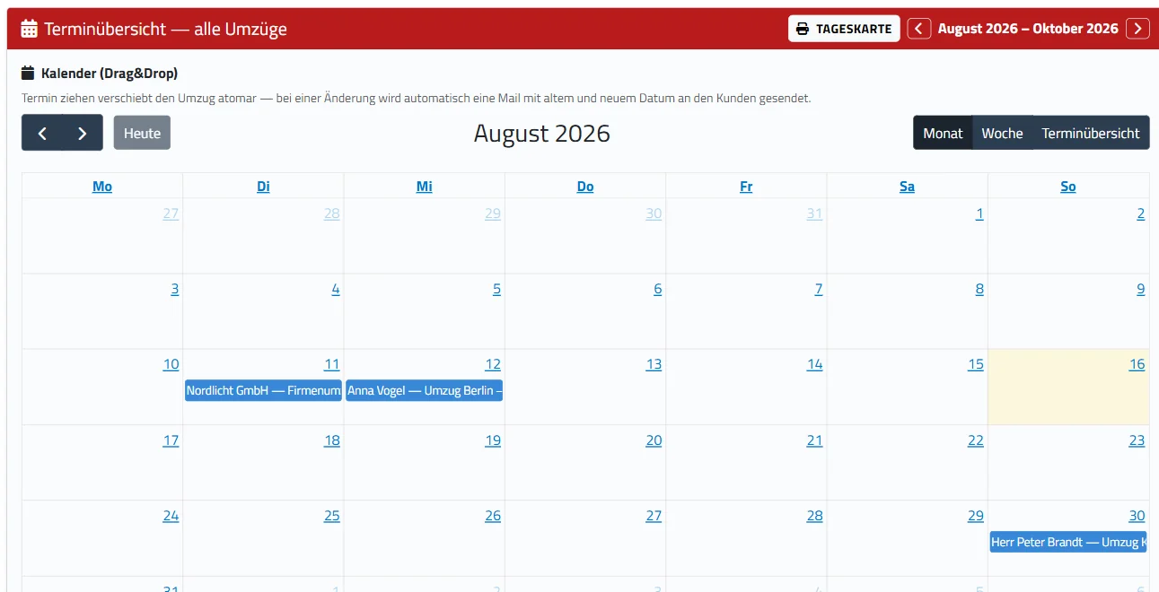 Cockpit-Termin&uuml;bersicht aller Umz&uuml;ge: Monatskalender August 2026 mit Umzugsterminen, Tageskarte und Umschalter Monat, Woche, Termin&uuml;bersicht